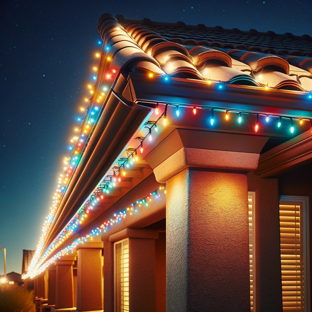 DALL·E 2023 11 27 09 44 12 A Close Up View Of A House Roof Line In Arizona, Focusing On The Christmas Lights Hanging From The Roof's Edge The Scene Is Set In The Evening, Highl