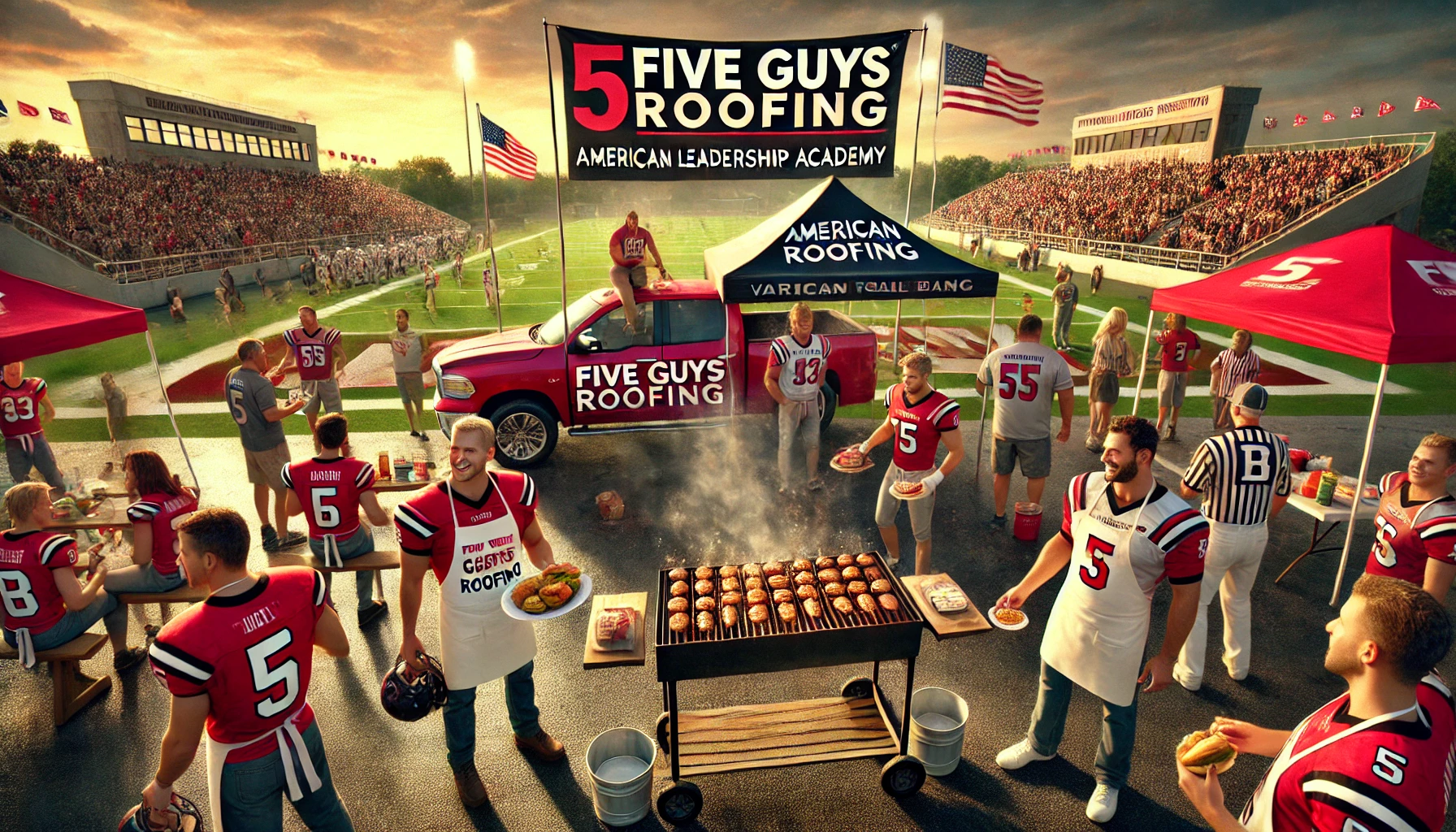 DALL·E 2024 11 19 11 14 42 A Dynamic And Vibrant Scene Featuring Five Guys Roofing, A Family Owned Roofing Company, Hosting A BBQ Tailgate For The American Leadership Academy Va