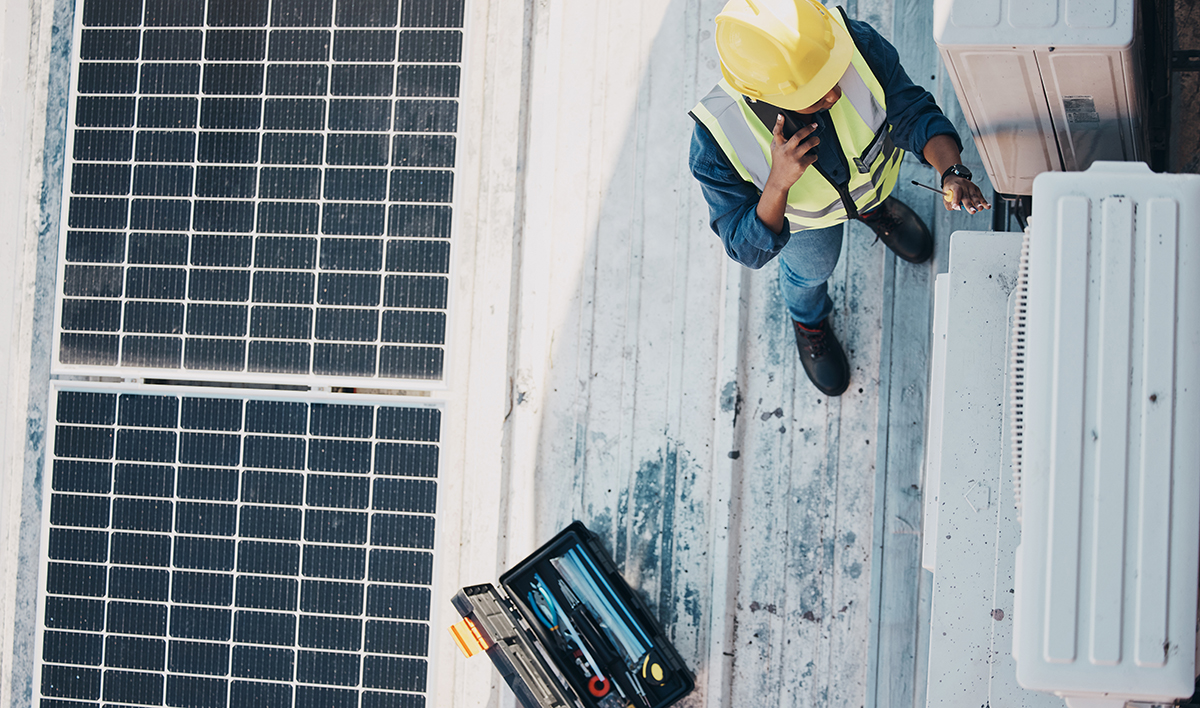 Phone Call, Air Conditioner And Maintenance Person Conversation About Ac Repair, Roof Inspection Or Check HVAC Machine Top View Rooftop, Smartphone Chat And Technician Talking About Aircon Service