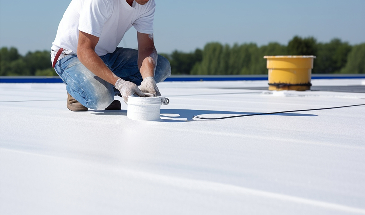 Worker Applies An Insulation Coating On The Concrete Surface Of