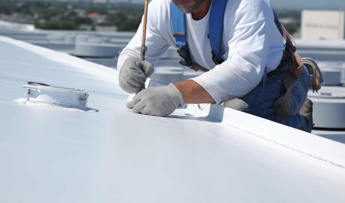 Worker Applies An Insulation Coating On The Concrete Surface Of