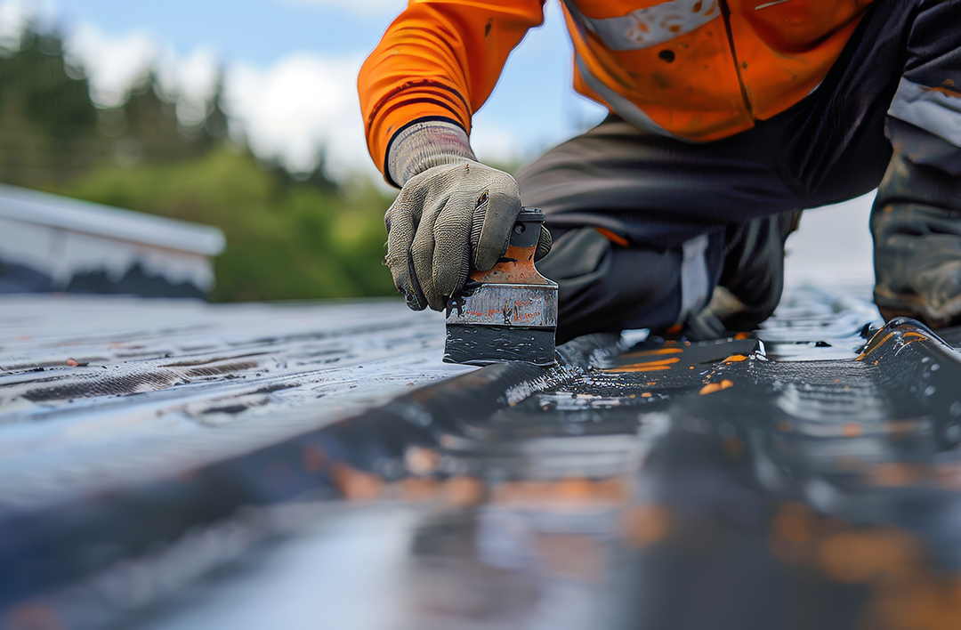 Intense Close Up Of Roofers Working On Roof Surface Coating, Usi