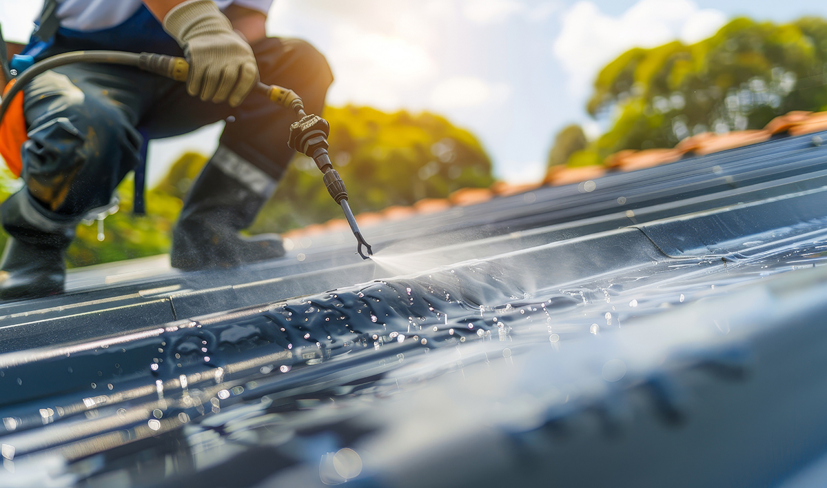 Close Up Shot Of Professional Roofer Spray Painting Roof With Precision