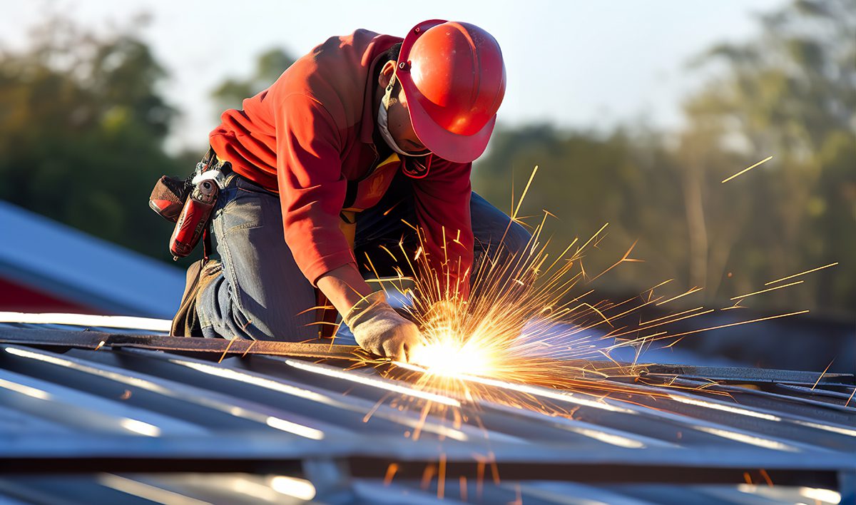 Electric Drill Used On New Roofs With Metal Sheet Construction Worker Install New Roof Roofing Tools