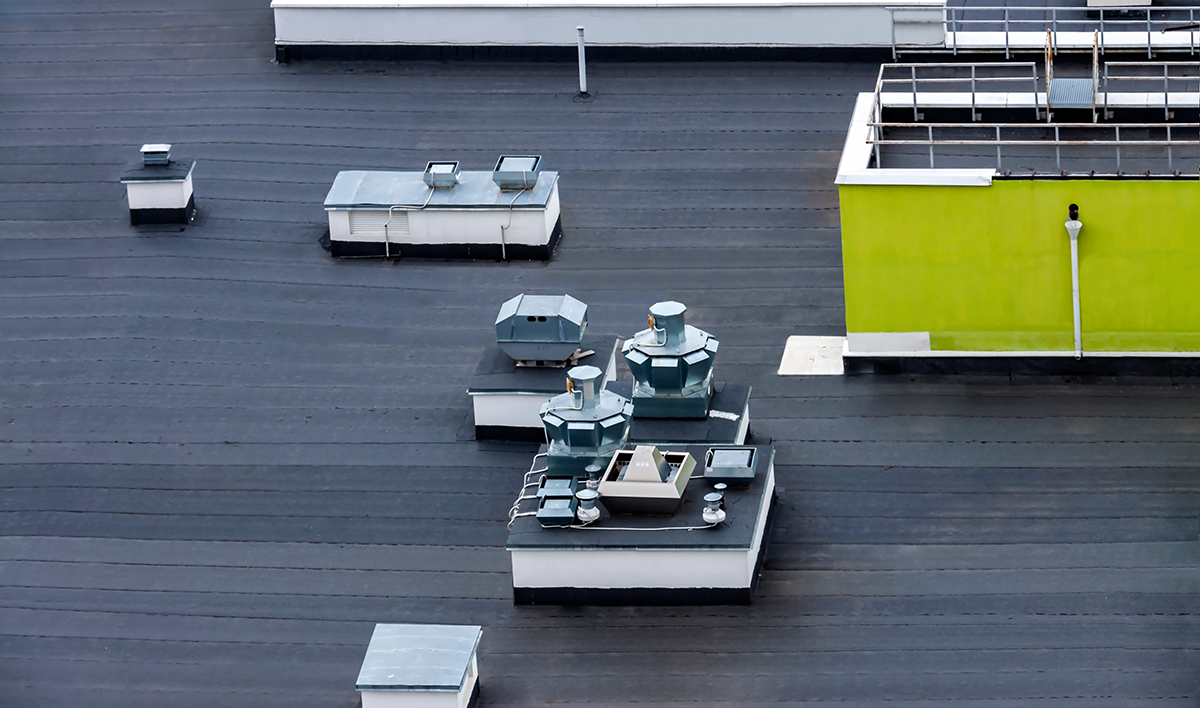 Flat Black Roof With Air Conditioners Top Modern Apartment House Building Exterior Mixed Use Urban Multi Family Residential District Area Development