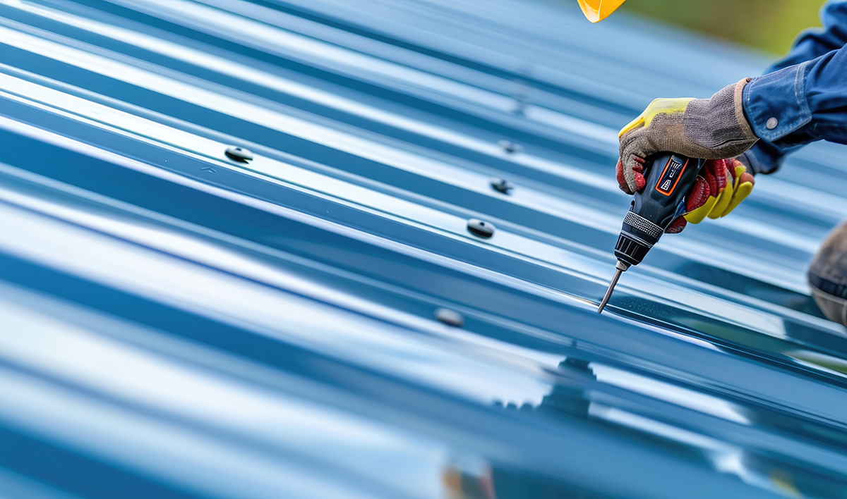 Builder Installing New Roof, Roofing Tools, Drill Installation Of A New Metal Roof