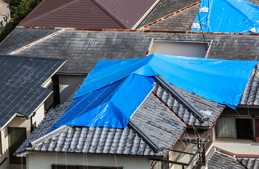 House with roof covered with blue tarp
