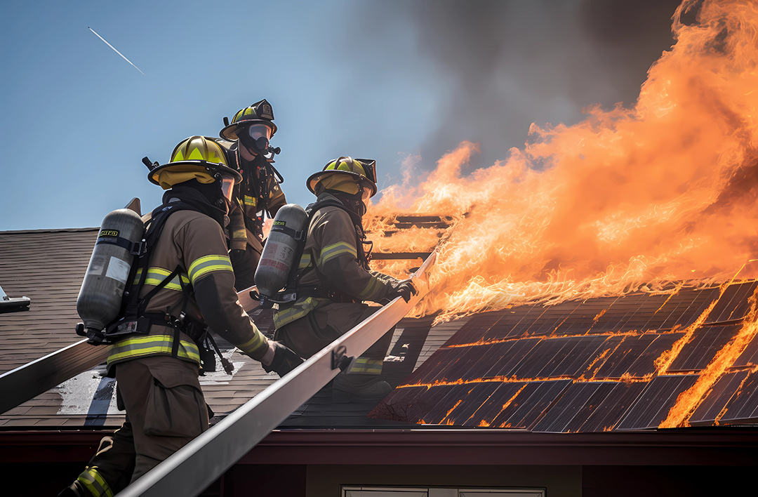 Solar Panels On Fire On A House Roof, Being Extinguished By A Group Of Firefighters Generative Ai T Generative Ai