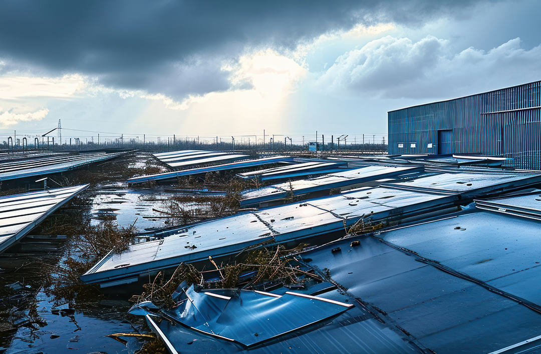 Hurricane Damage To Solar Panels On Industrial Building Affectin