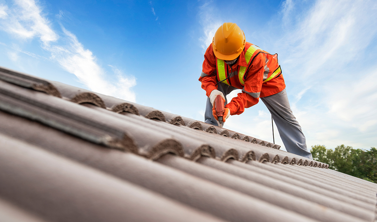 Builders In Work Clothes Install New Roofing Tools, Roofing Tool
