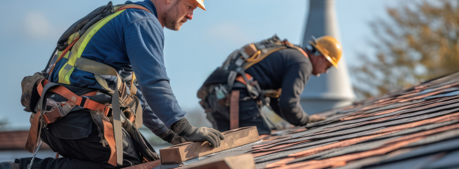 Construction Worker With Safety Hardhat Working On Roof Tiles In