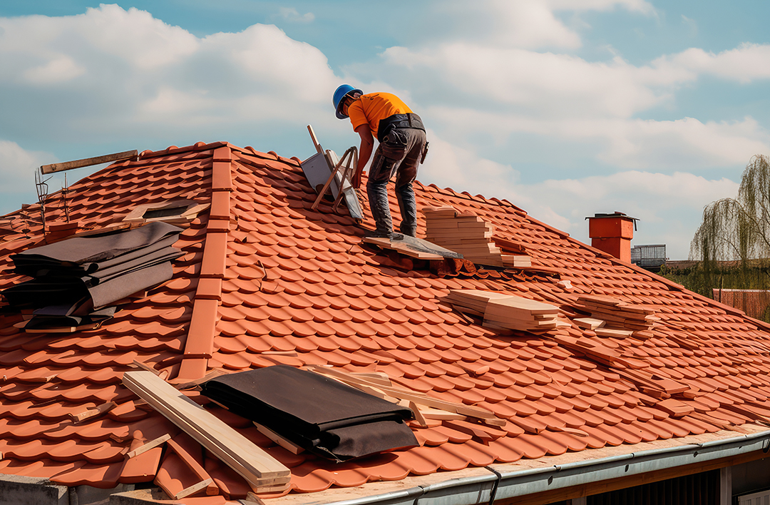 The Master Repairs The Roof Tiles Of The House Roofing, Repair And Renovation Work Generative AI