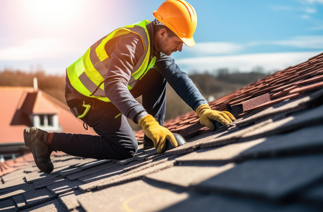 Construction Worker With Safety Hardhat Working On Roof Tiles In