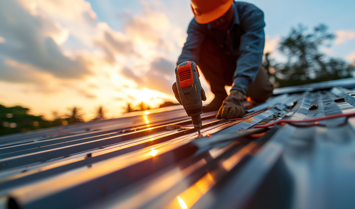 Construction Worker Install New Roof Roofing Tools Electric Drill Used On New Roofs With Metal Sheet