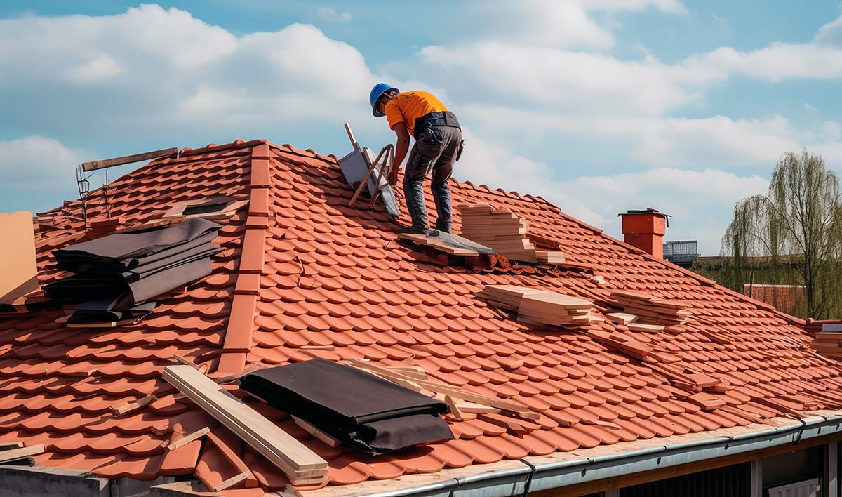 The Master Repairs The Roof Tiles Of The House Roofing, Repair And Renovation Work Generative AI