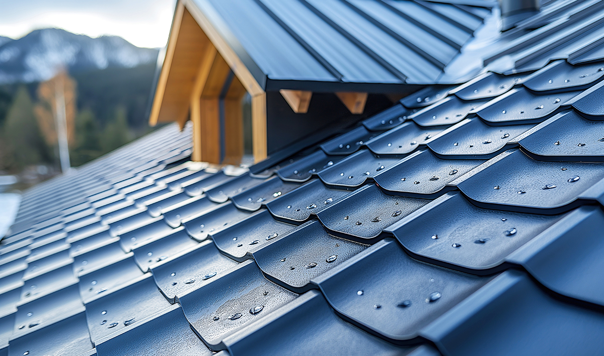 Roof Of House Is Covered With Black Metal Modern Roofing Material Against The Sky Close Up